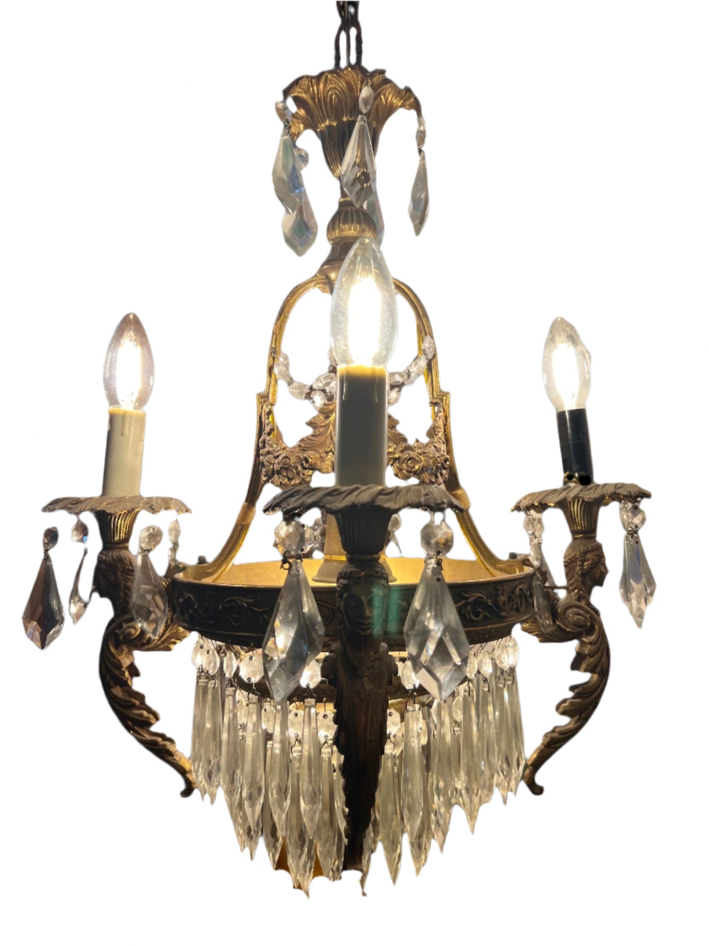 French Antique Caryatid Figure Bronze and Crystal Pendant Chandelier