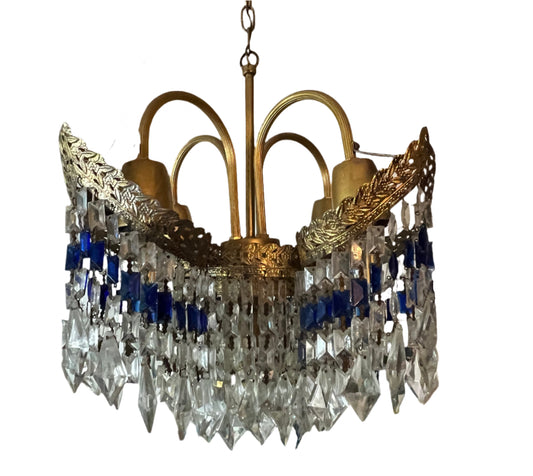 Exceptional Art Deco Butterfly Chandelier with Rare Blue Crystals – 1920s